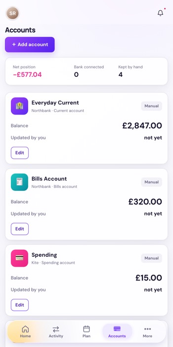 Vela Accounts screen: four accounts kept by hand, none bank-connected, each labelled Manual