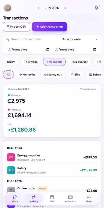Vela Transactions screen with search, date filters and a running money in, money out and net summary