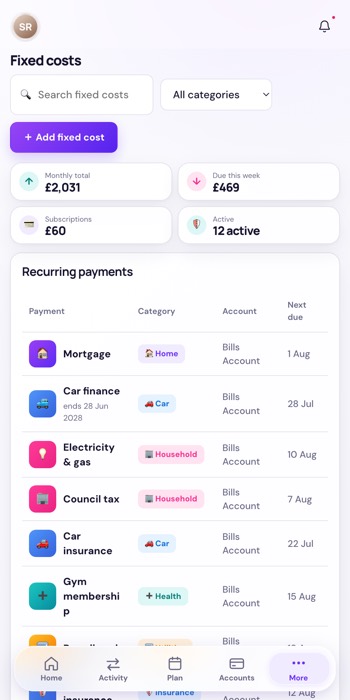 Vela Fixed costs register listing recurring bills and the account each is paid from
