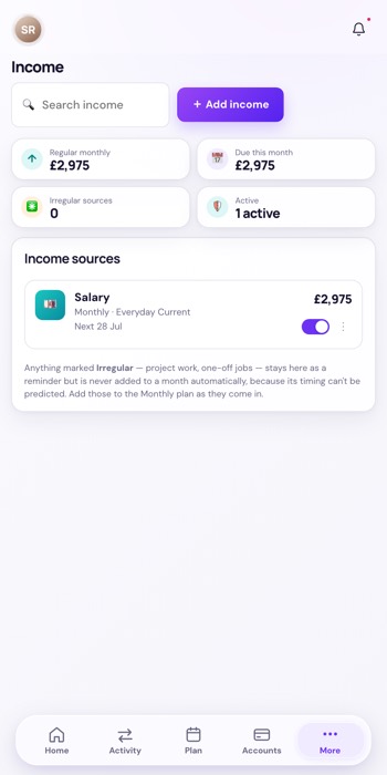 Vela Income register listing recurring income sources